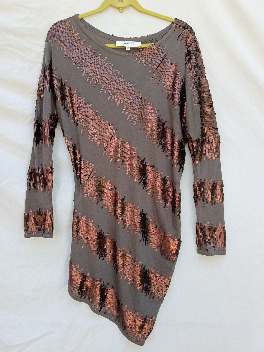 Badgley Mischka Long Sleeve Taupe Dress Copper Sequin Stripes Festive Medium